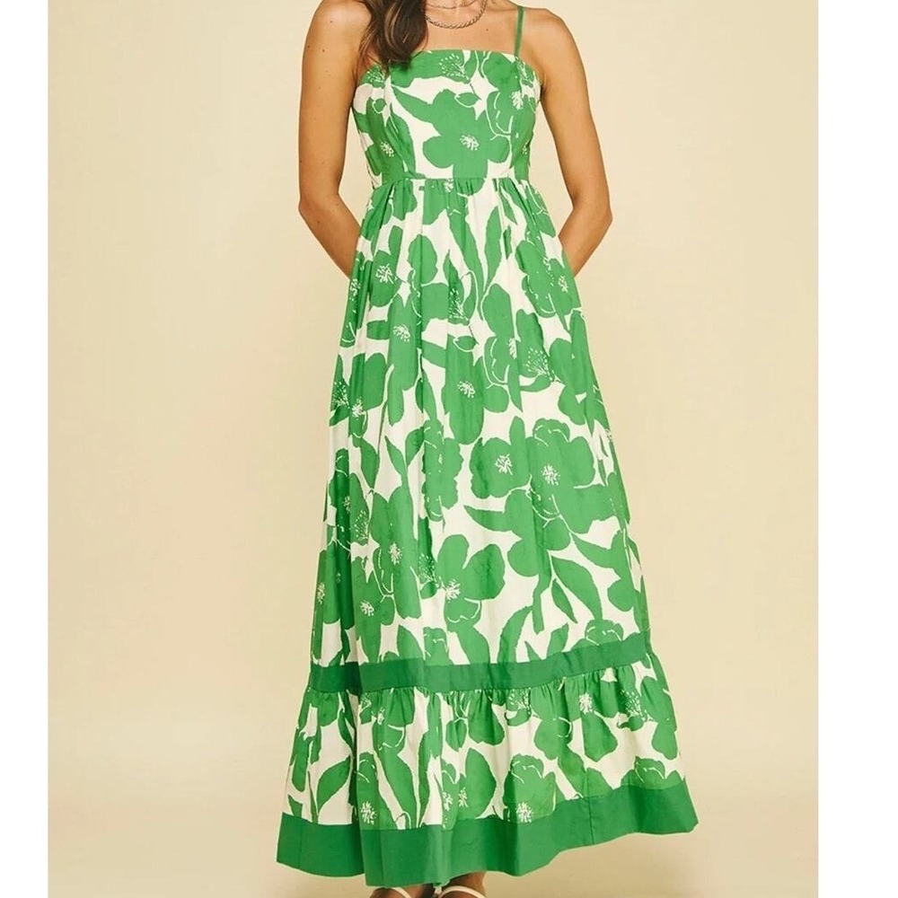 PINCH Cotton Floral Maxi Dress Womens Size L Green White Smocked Tiered Cami
